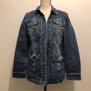 Contrast BLUE jean jacket long  button front SZ M vintage EUC pockets